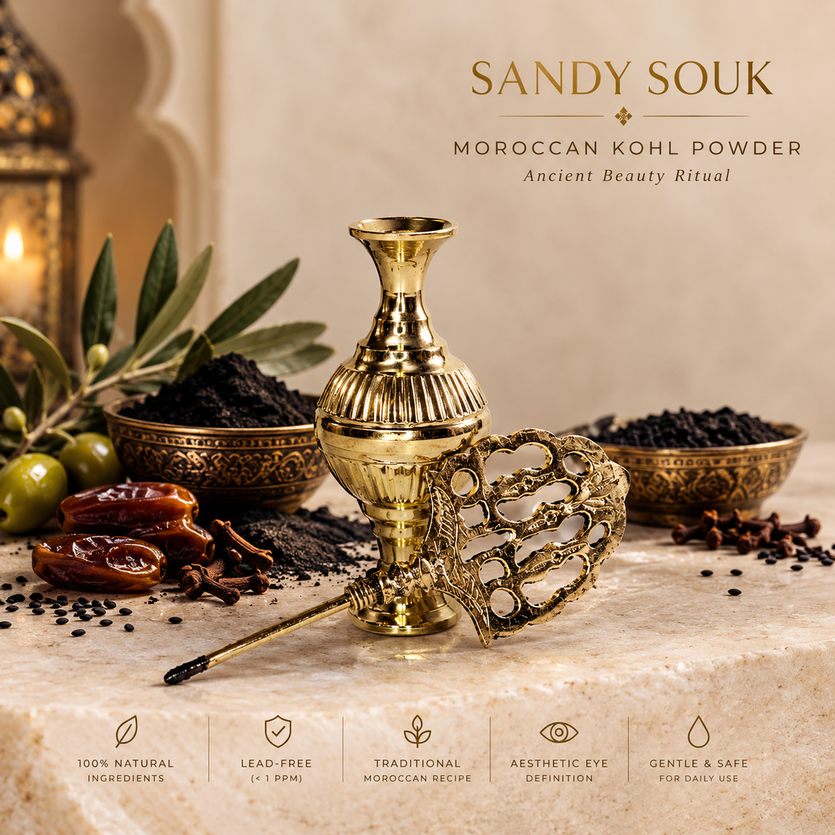 Moroccan kohl powder in a handmade brass bottle with applicator