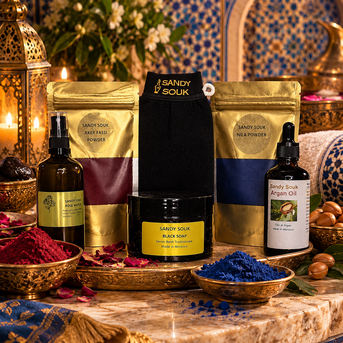 Moroccan spa kit with black soap, Kessa glove, rose water and argan oil for a hammam ritual at home