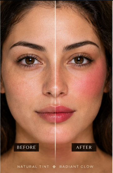 Illustrative image: Aker Fassi lip and cheek tint, before and after. Results may vary.